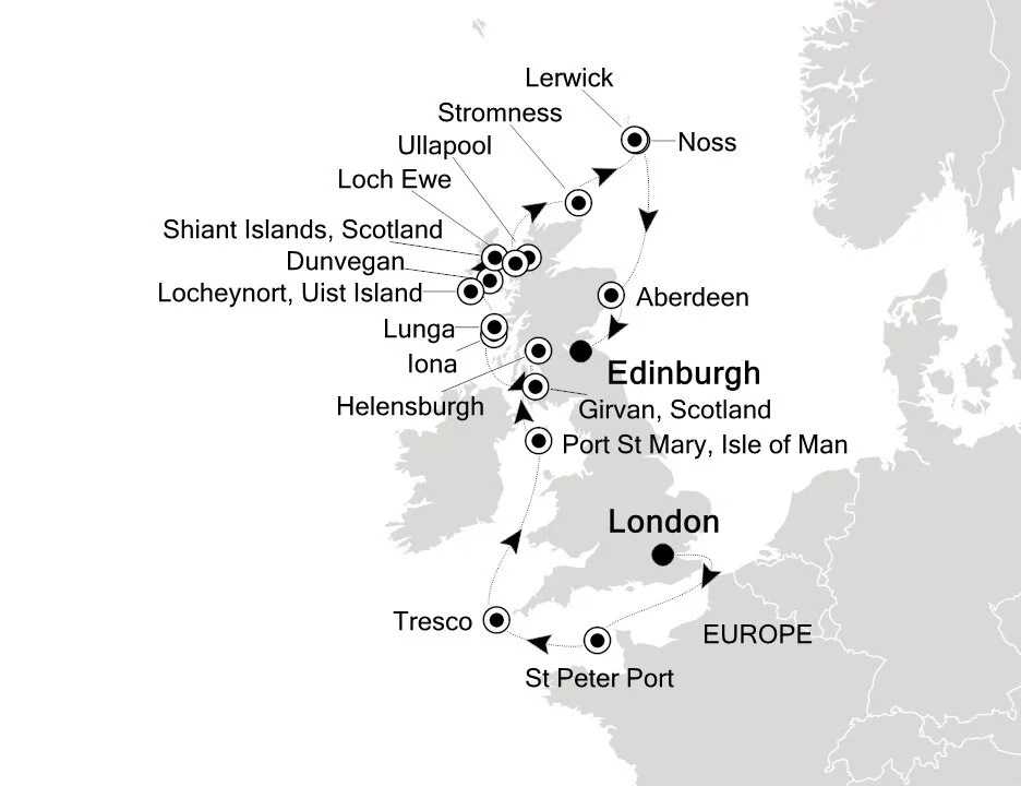 Die geplante Route der Silver Endeavour rund um das Vereinigte Königreich von Großbritannien