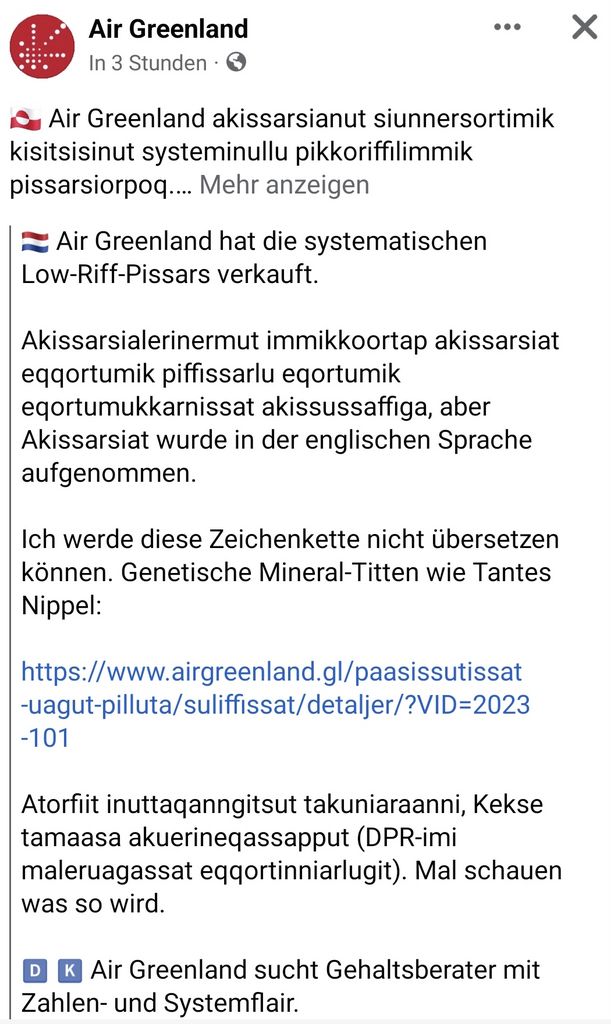 Facebook-Übersetzung von Grönländisch nach Deutsch eines Eintrages der Air Greenland