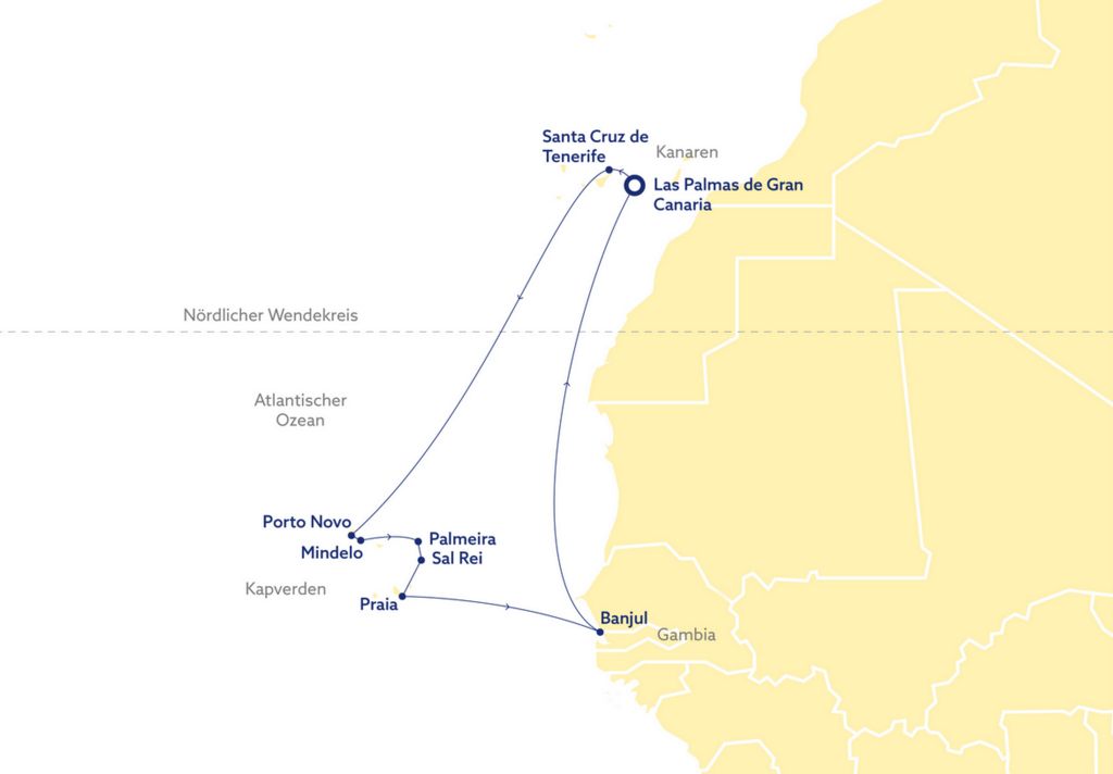 Die geplante Route der Kapverden-Kreuzfahrt mit der VASCO DA GAMA