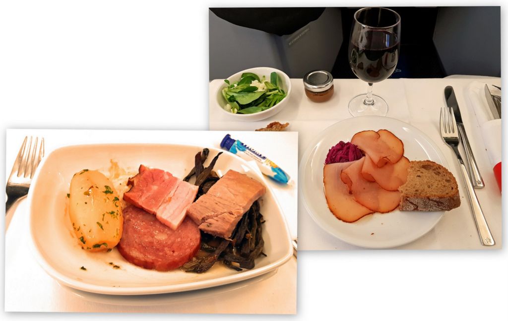 Mahlzeit! Zungenwurst (unten links), serviert bei Edelweiß von Zürich nach Varadero (Handy-Bilder)