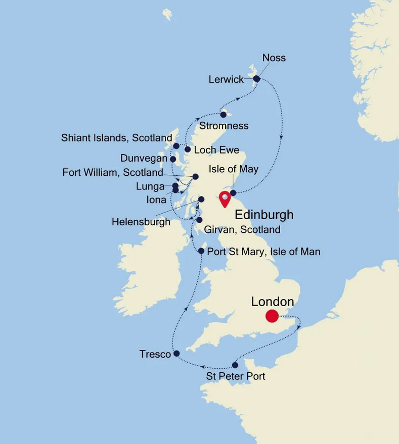 Die geplante Route der Kreuzfahrt rund um Großbritannien mit der Silver Endeavour im April 2024