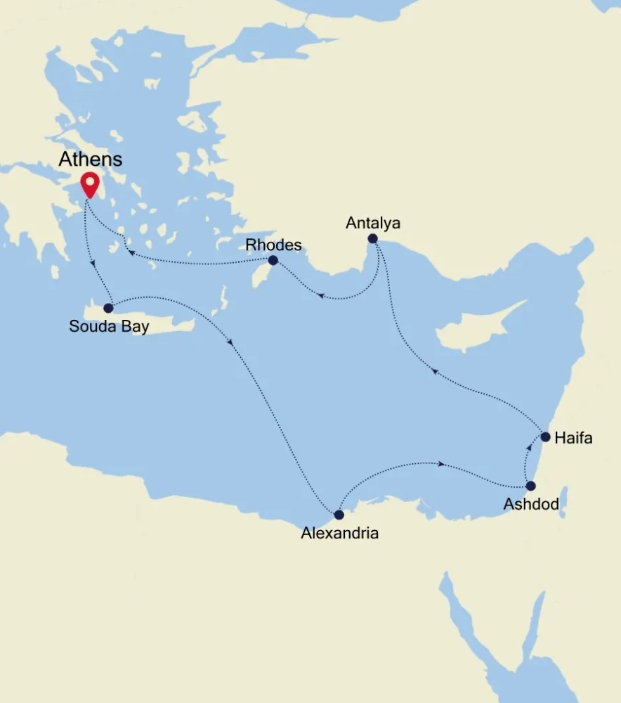 Die geplante Route der Silver Moon im Mittelmeer