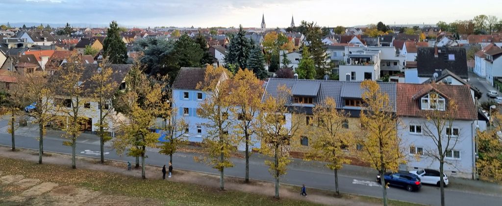 Blick auf Hochheim und Gebäude am Weiher