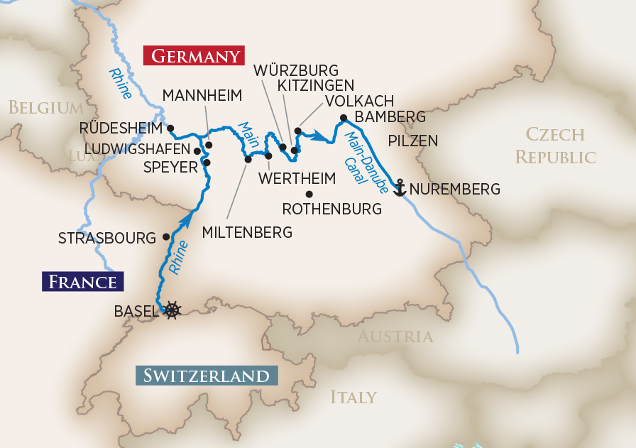 Die Route der AmaCerto von Basel nach Nürnberg