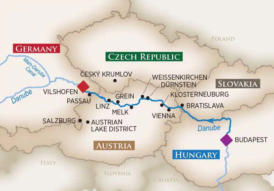 Die Route der AmaMagna im Februar 2024 auf der Donau von Vilshofen nach Budapest